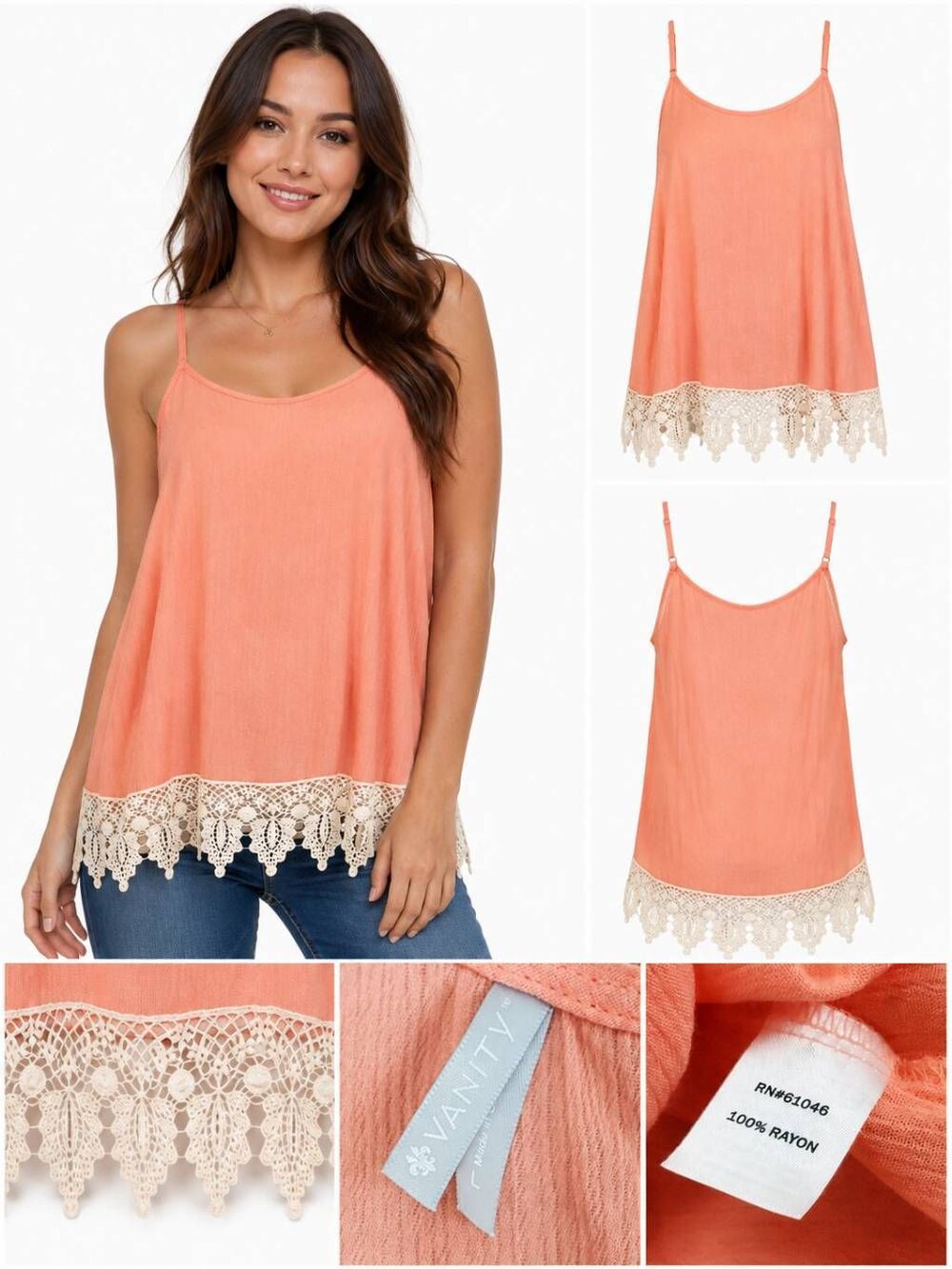 Vanity L Peach Tank Top with Crochet Lace Hem Boho Sleeveless Flowy Blouse